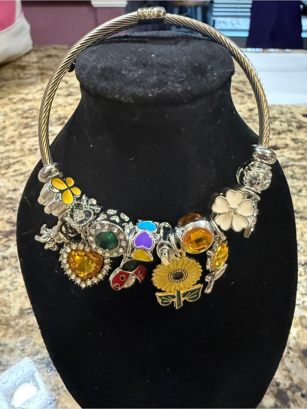 Silver Charm Bangle Bracelet with Yellow Sunflower & Gem Charms